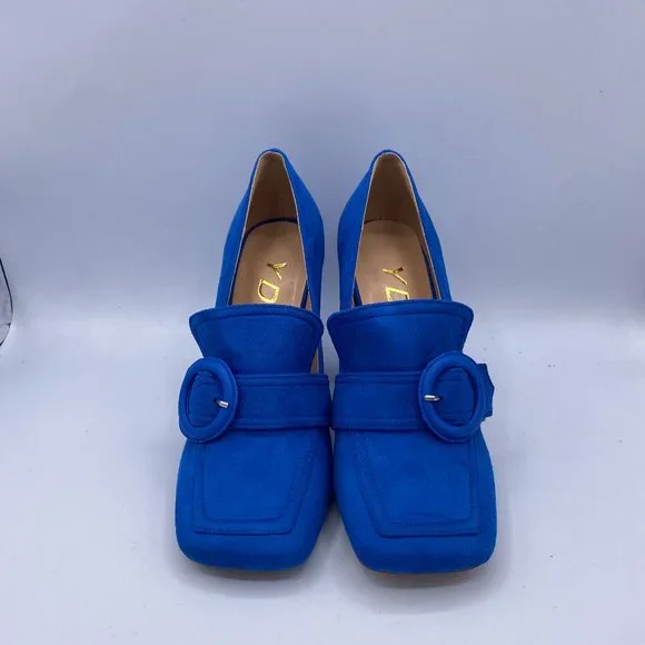 YDN Blue Suede Chunky High Heel Square Toe Loafer Buckle Office Pumps - Picture 3 of 11